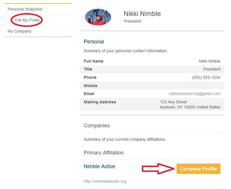Screenshot: personal profile page with Company Profile button
