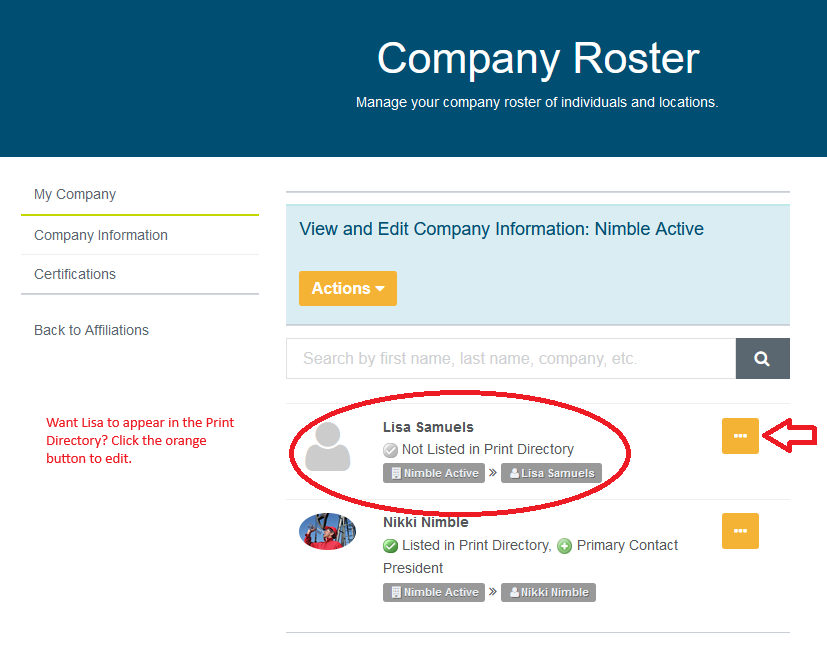 Screenshot: company roster with Directory listing options