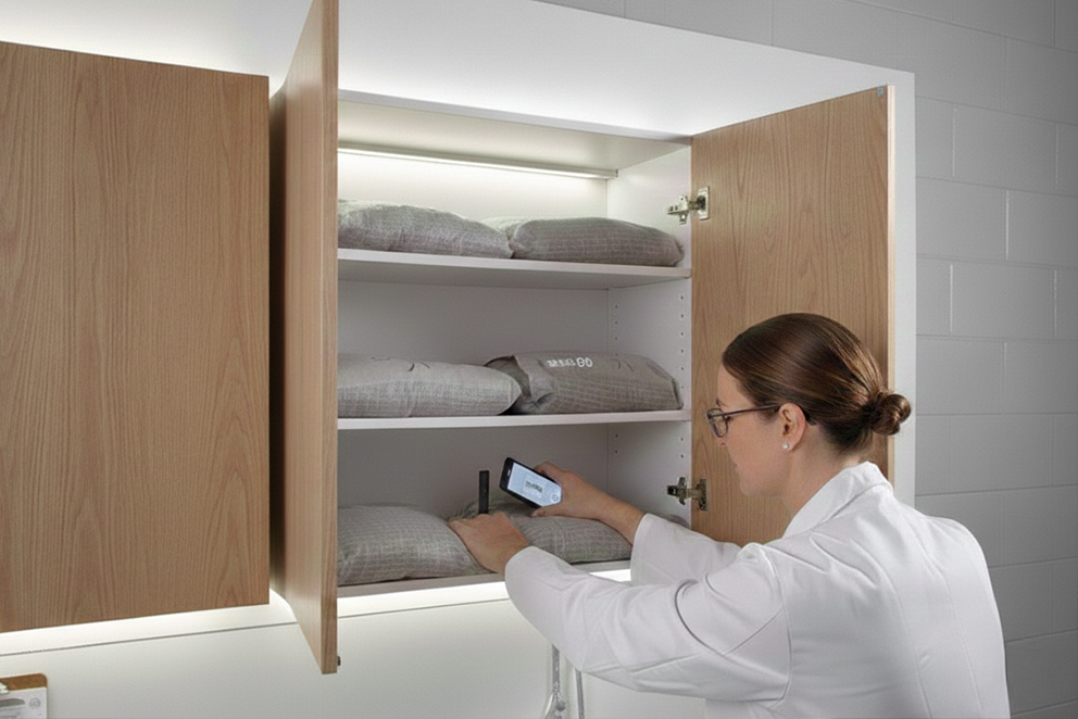 A quality control technician inspecting wooden kitchen cabinets loaded with heavy weights.