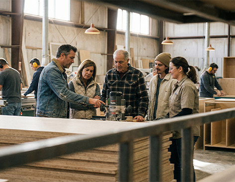 Five people gather around a hand router in a cabinet manufacturing shop; a man in a denim jacket points at the router.