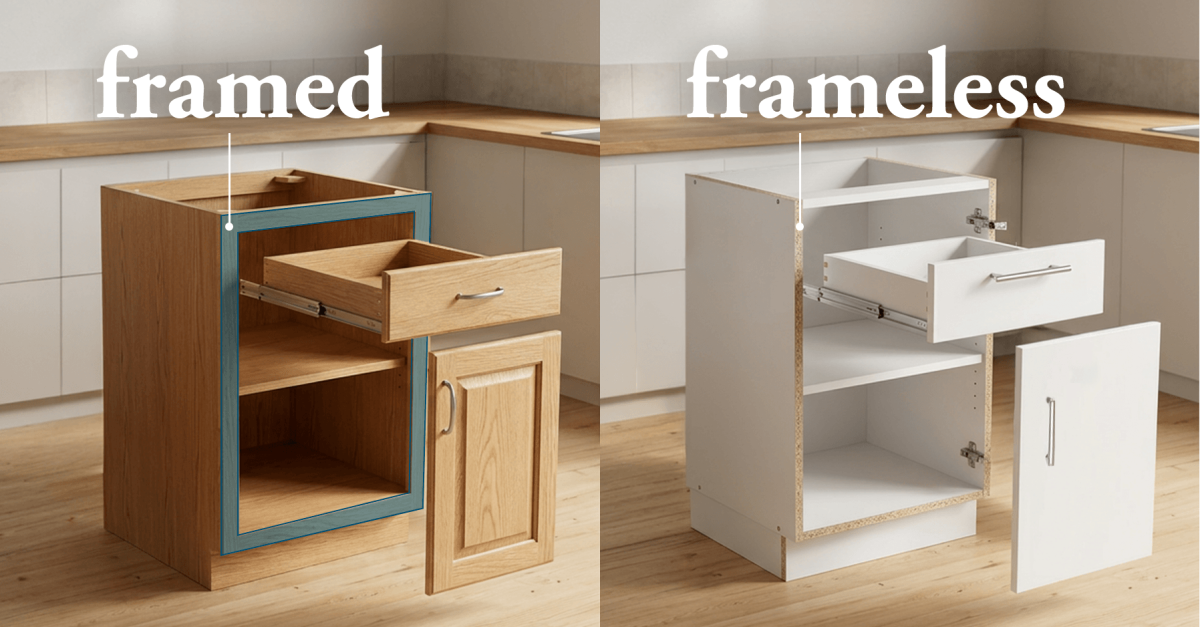 A side-by-side comparison of a framed cabinet with a visible wood face frame and a frameless cabinet.