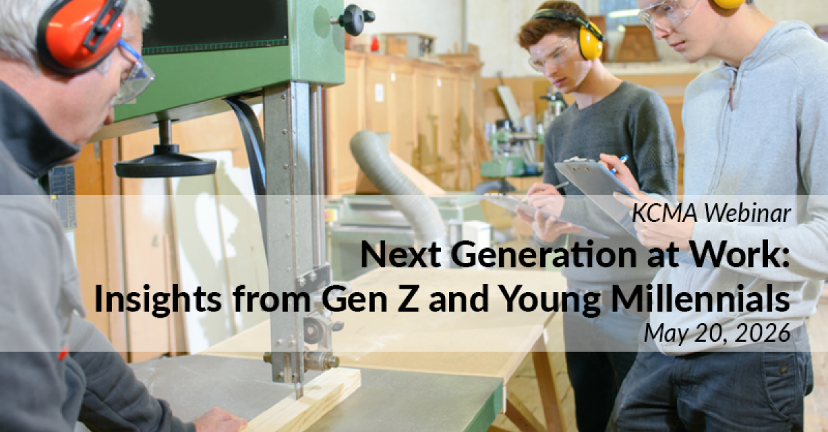 Two young men working with a skilled woodworker with copy that reads Next Generation at Work: Insights from Gen Z and Young Millennials.