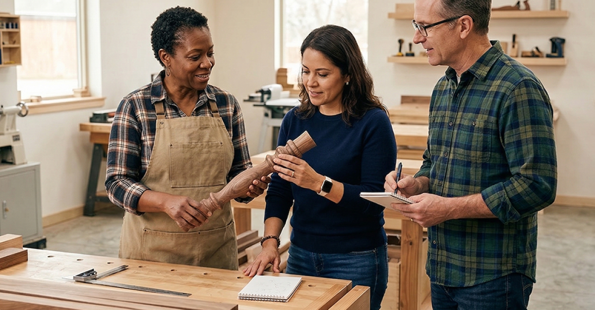 Three people pictured in a wood shop, one of them holding a spindle made of wood. 