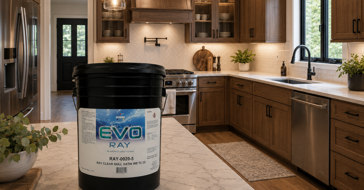 Bucket of EVO-Ray sitting on a kitchen counter.