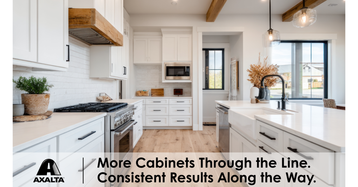 Image of installed kitchen cabinets with "More Cabinets Through the Line. Consistent Results Along the Way." overprinted. 