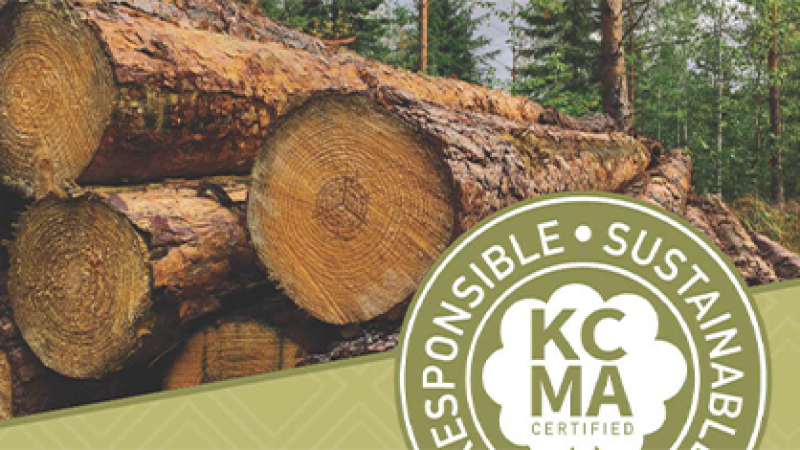 Closeup of a pile of timber with an accompanying graphic of the KCMA-certified seal.