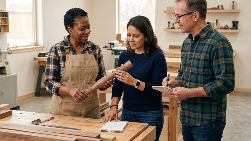 Three people pictured in a wood shop, one of them holding a spindle made of wood. 