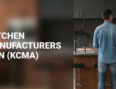 Join the Kitchen Cabinet Manufacturers  Association (KCMA)' over a blurred background of two men inspecting wooden kitchen cabinets.