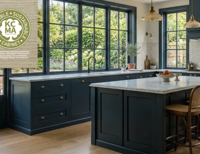 A kitchen scene with an overlay of the KCMA Environmental Stewardship Program (ESP) seal. 