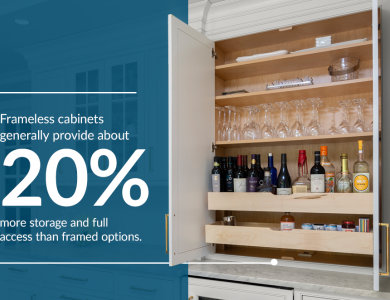 An open frameless cabinet with pullout pantry drawers, demonstrating the increased storage space and unobstructed access compared to a framed cabinet.