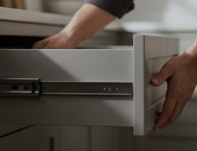 Hands opening a drawer of quality cabinets.