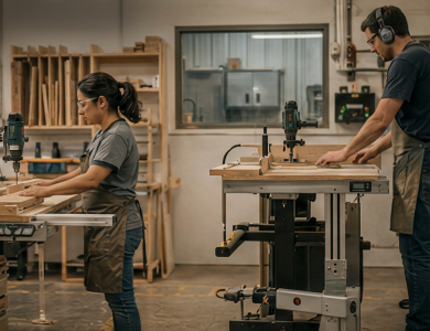Two woodworkers at adjustable workstations use machinery, wearing safety gear including glasses, aprons and ear protection.